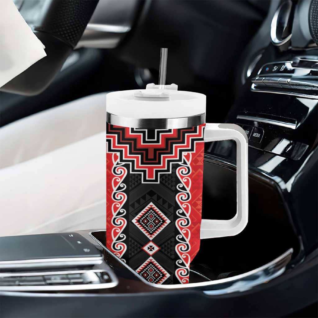 Red Niho Taniwha Mix Poutama Tumbler With Handle Unique Taniko Aotearoa LT01 - Polynesian Pride