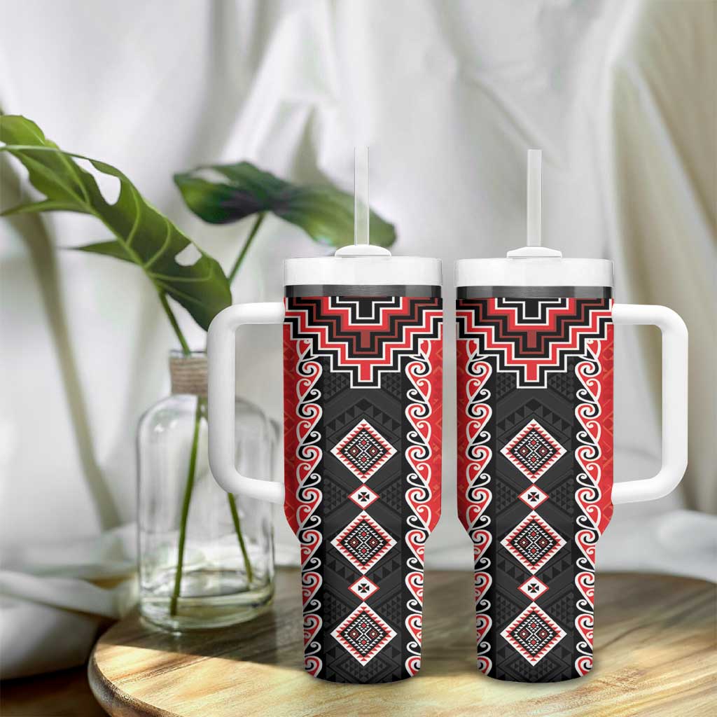 Red Niho Taniwha Mix Poutama Tumbler With Handle Unique Taniko Aotearoa LT01 - Polynesian Pride