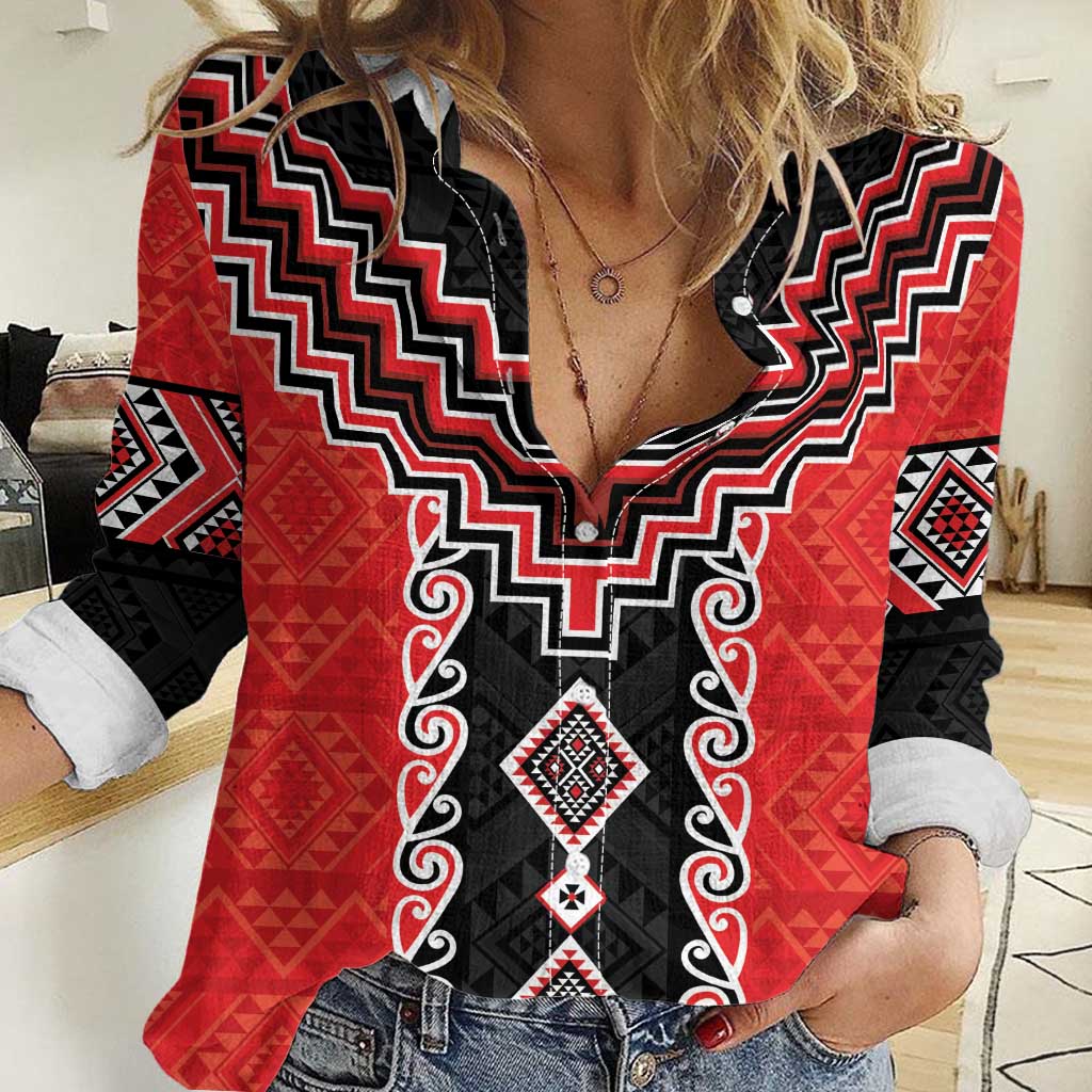 Red Niho Taniwha Mix Poutama Women Casual Shirt Unique Taniko Aotearoa LT01 Female Red - Polynesian Pride