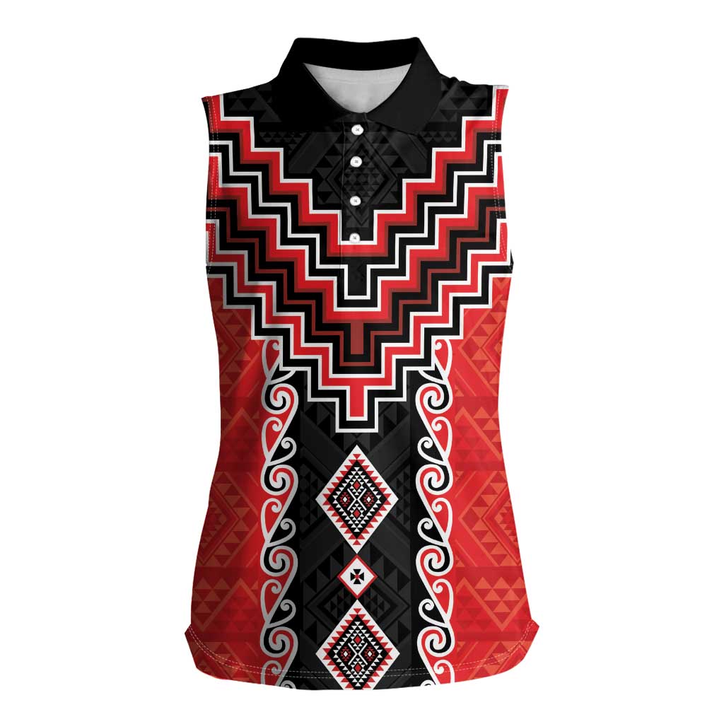 Red Niho Taniwha Mix Poutama Women Sleeveless Polo Shirt Unique Taniko Aotearoa LT01 Female Red - Polynesian Pride