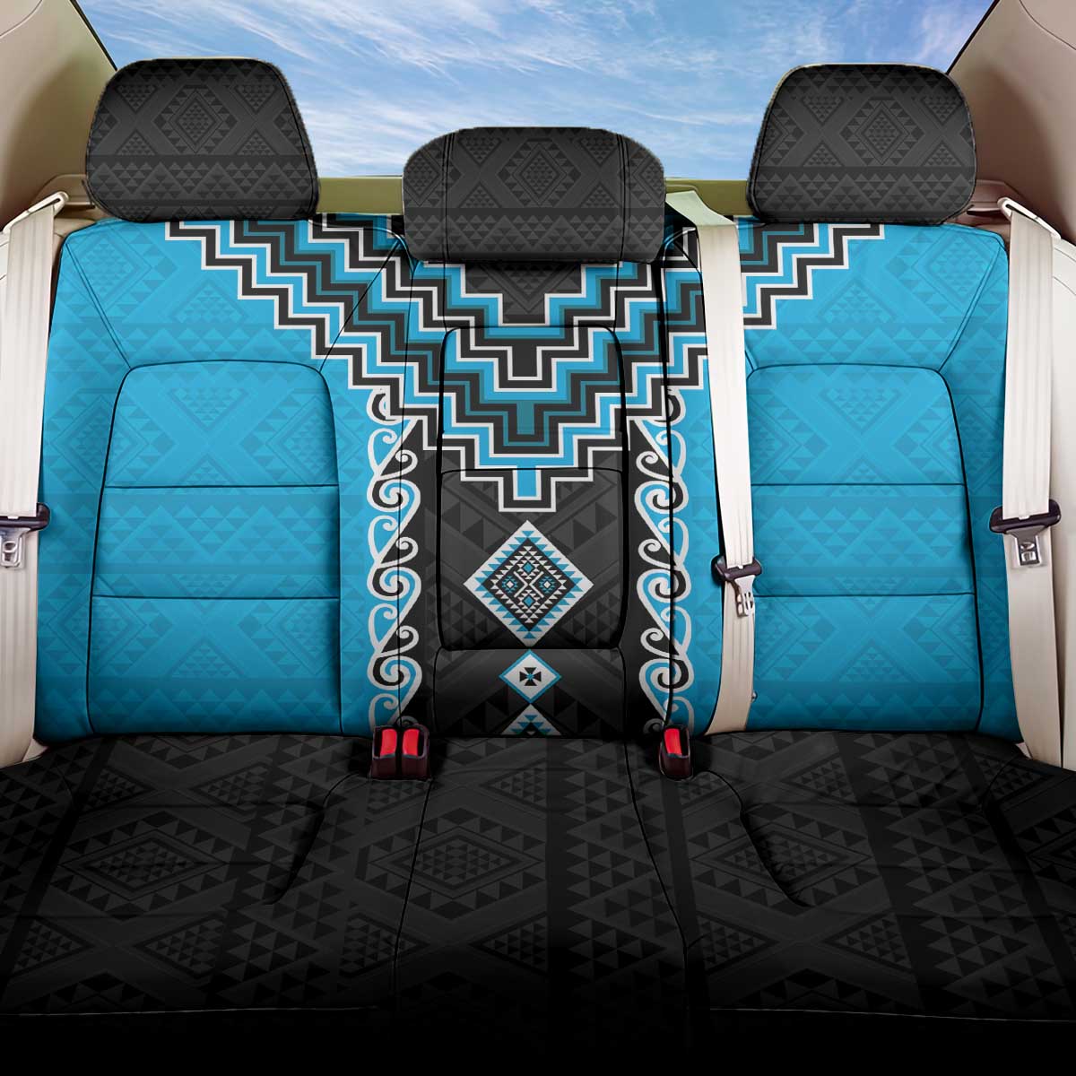 Sky Blue Niho Taniwha Mix Poutama Back Car Seat Cover Unique Taniko Aotearoa LT01 One Size Sky Blue - Polynesian Pride