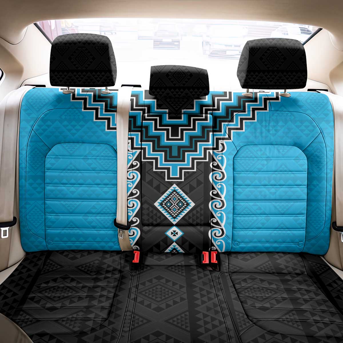 Sky Blue Niho Taniwha Mix Poutama Back Car Seat Cover Unique Taniko Aotearoa LT01 - Polynesian Pride
