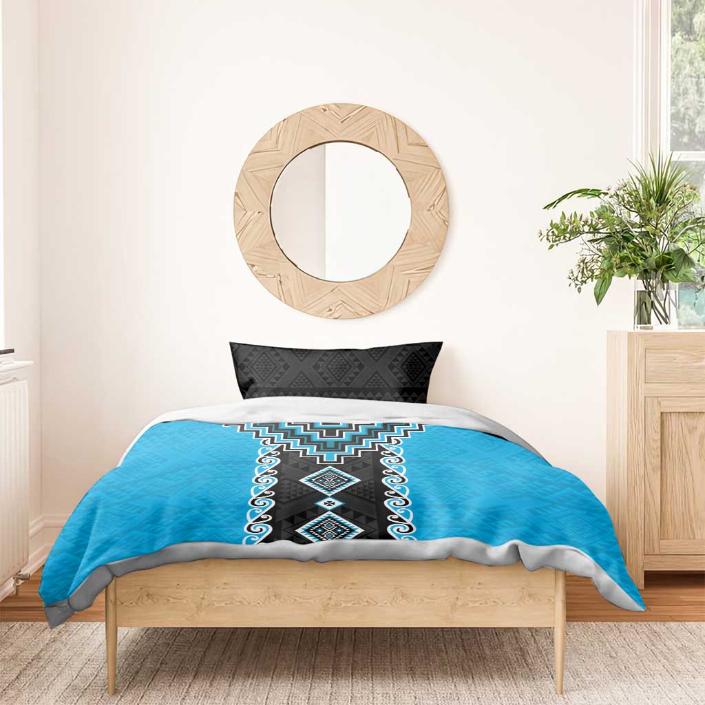 Sky Blue Niho Taniwha Mix Poutama Bedding Set Unique Taniko Aotearoa