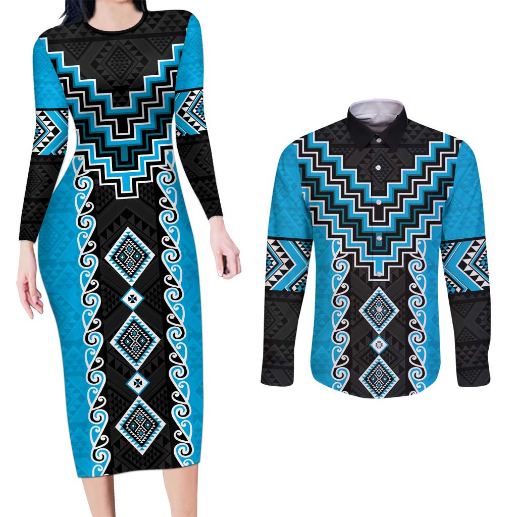 Sky Blue Niho Taniwha Mix Poutama Couples Matching Long Sleeve Bodycon Dress and Long Sleeve Button Shirt Unique Taniko Aotearoa LT01 Sky Blue - Polynesian Pride
