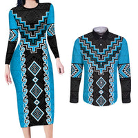 Sky Blue Niho Taniwha Mix Poutama Couples Matching Long Sleeve Bodycon Dress and Long Sleeve Button Shirt Unique Taniko Aotearoa LT01 Sky Blue - Polynesian Pride