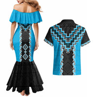 Sky Blue Niho Taniwha Mix Poutama Couples Matching Mermaid Dress and Hawaiian Shirt Unique Taniko Aotearoa LT01 - Polynesian Pride