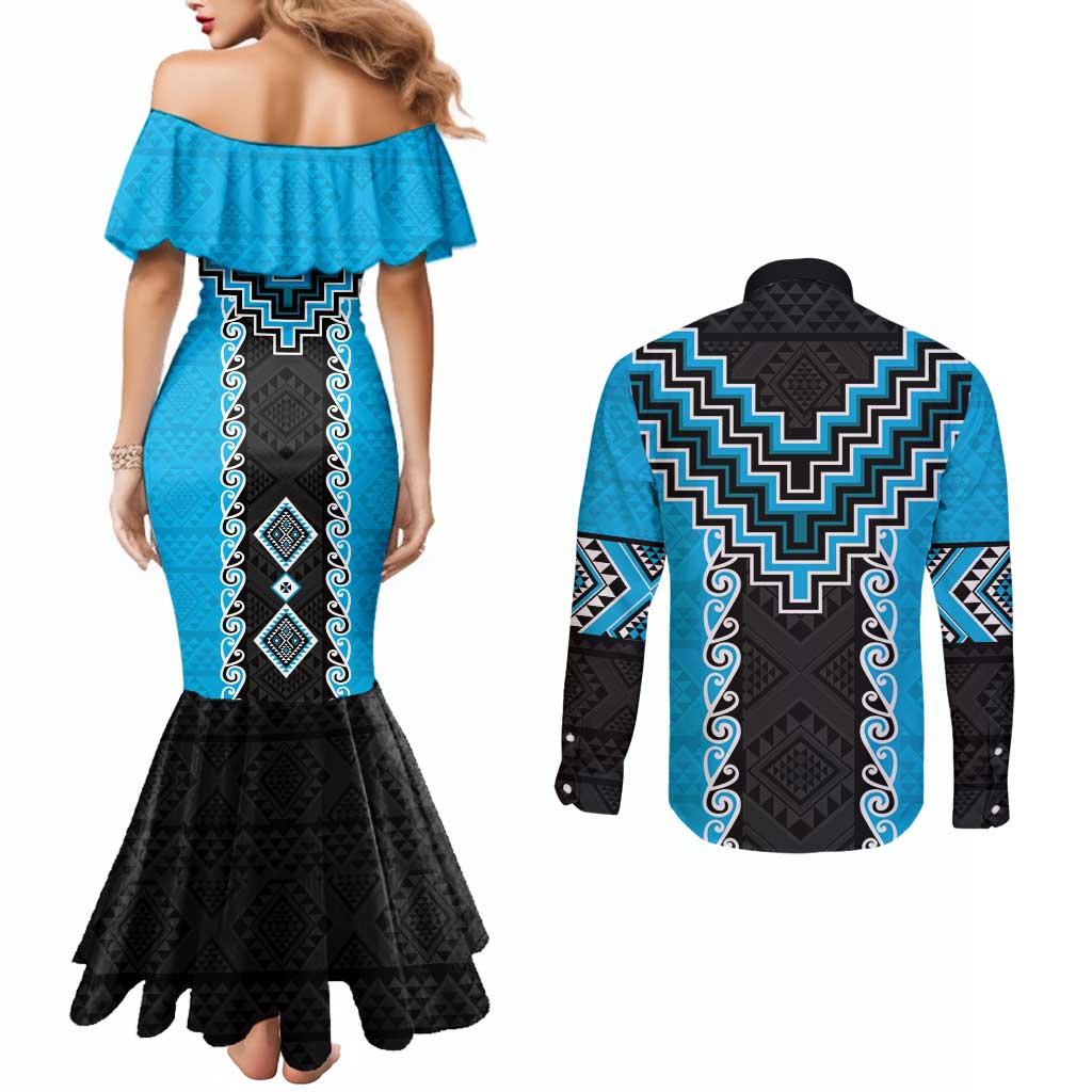 Sky Blue Niho Taniwha Mix Poutama Couples Matching Mermaid Dress and Long Sleeve Button Shirt Unique Taniko Aotearoa