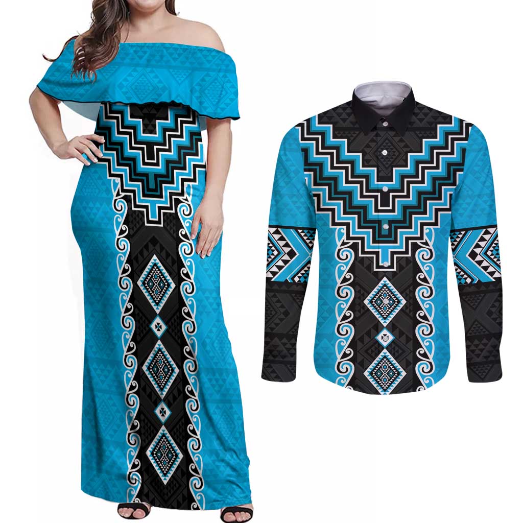 Sky Blue Niho Taniwha Mix Poutama Couples Matching Off Shoulder Maxi Dress and Long Sleeve Button Shirt Unique Taniko Aotearoa LT01 Sky Blue - Polynesian Pride