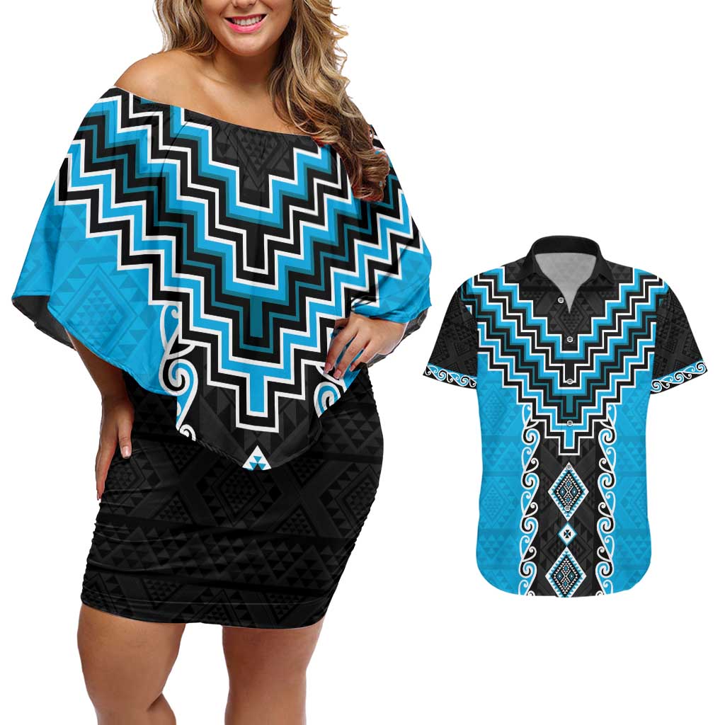Sky Blue Niho Taniwha Mix Poutama Couples Matching Off Shoulder Short Dress and Hawaiian Shirt Unique Taniko Aotearoa LT01 Sky Blue - Polynesian Pride