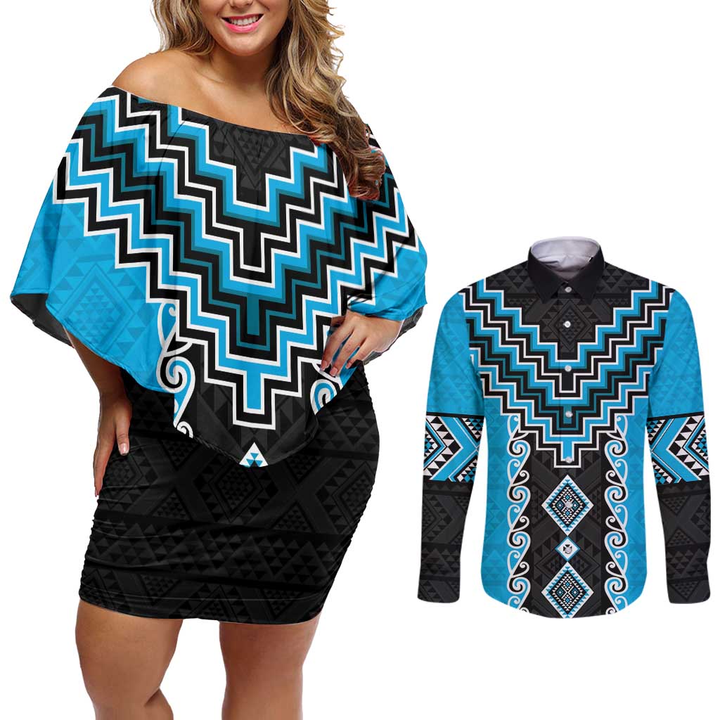 Sky Blue Niho Taniwha Mix Poutama Couples Matching Off Shoulder Short Dress and Long Sleeve Button Shirt Unique Taniko Aotearoa LT01 Sky Blue - Polynesian Pride
