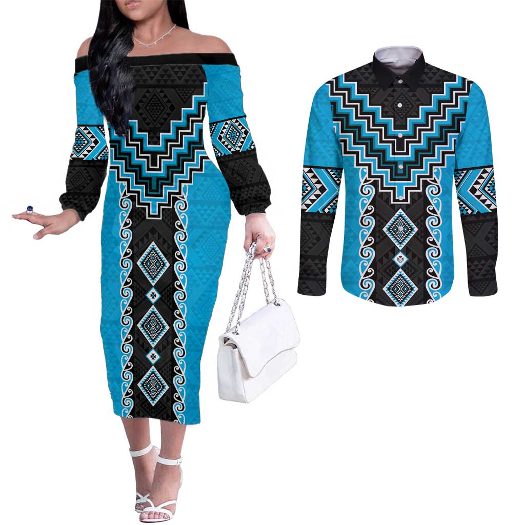 Sky Blue Niho Taniwha Mix Poutama Couples Matching Off The Shoulder Long Sleeve Dress and Long Sleeve Button Shirt Unique Taniko Aotearoa LT01 Sky Blue - Polynesian Pride