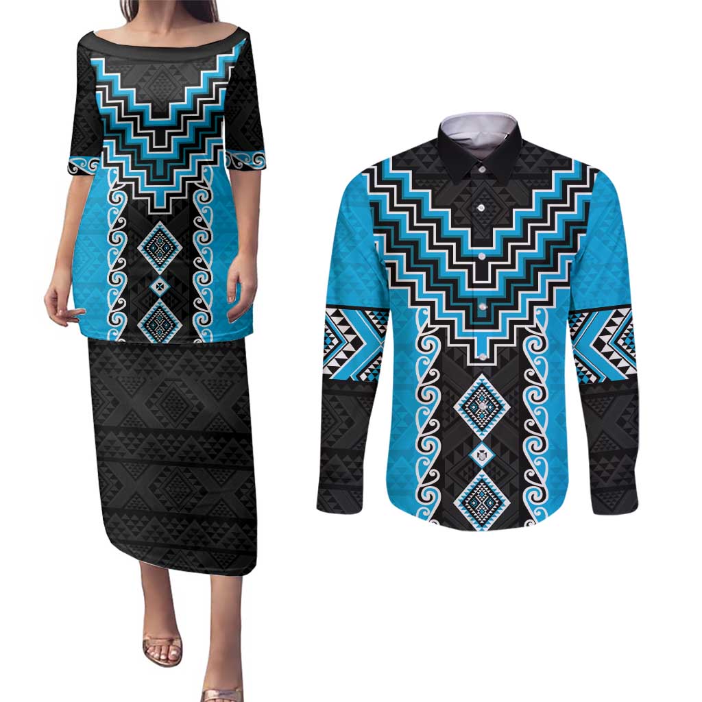 Sky Blue Niho Taniwha Mix Poutama Couples Matching Puletasi and Long Sleeve Button Shirt Unique Taniko Aotearoa LT01 Sky Blue - Polynesian Pride