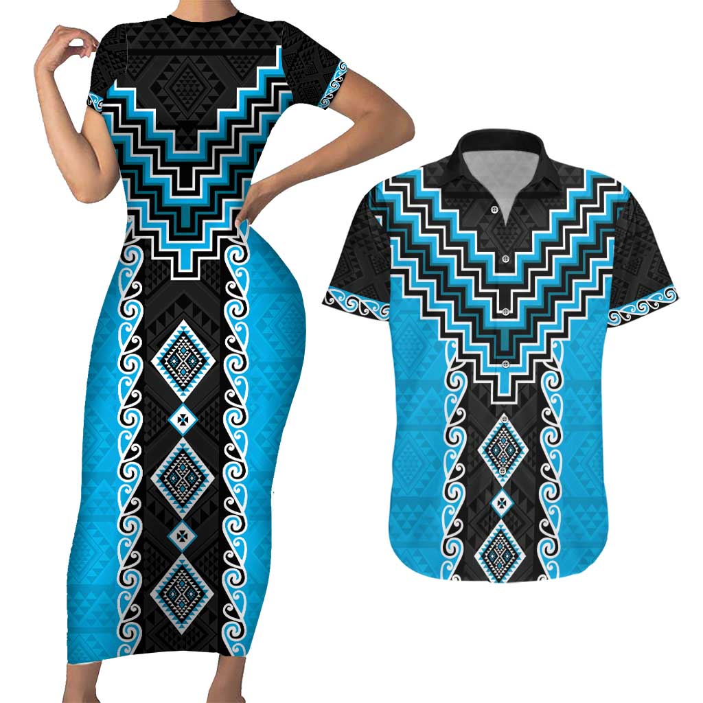 Sky Blue Niho Taniwha Mix Poutama Couples Matching Short Sleeve Bodycon Dress and Hawaiian Shirt Unique Taniko Aotearoa LT01 Sky Blue - Polynesian Pride