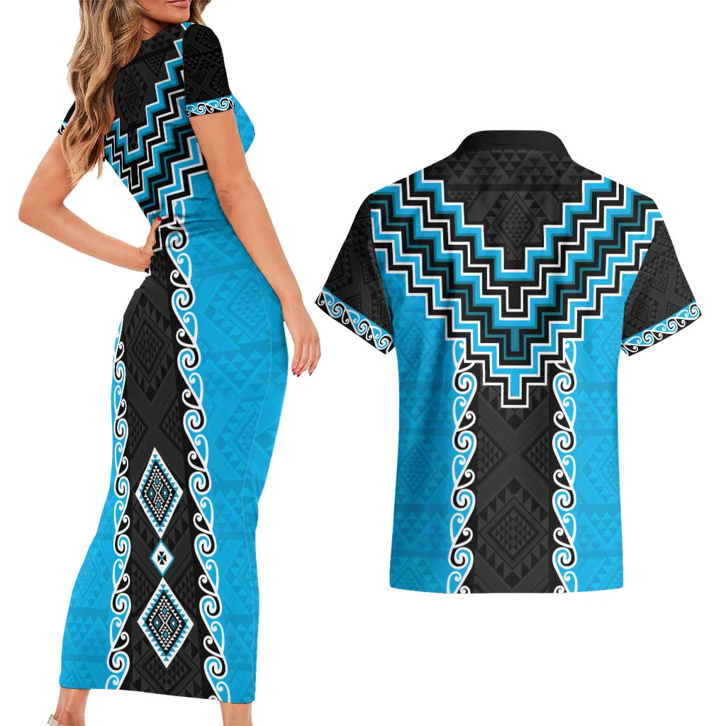 Sky Blue Niho Taniwha Mix Poutama Couples Matching Short Sleeve Bodycon Dress and Hawaiian Shirt Unique Taniko Aotearoa LT01 - Polynesian Pride