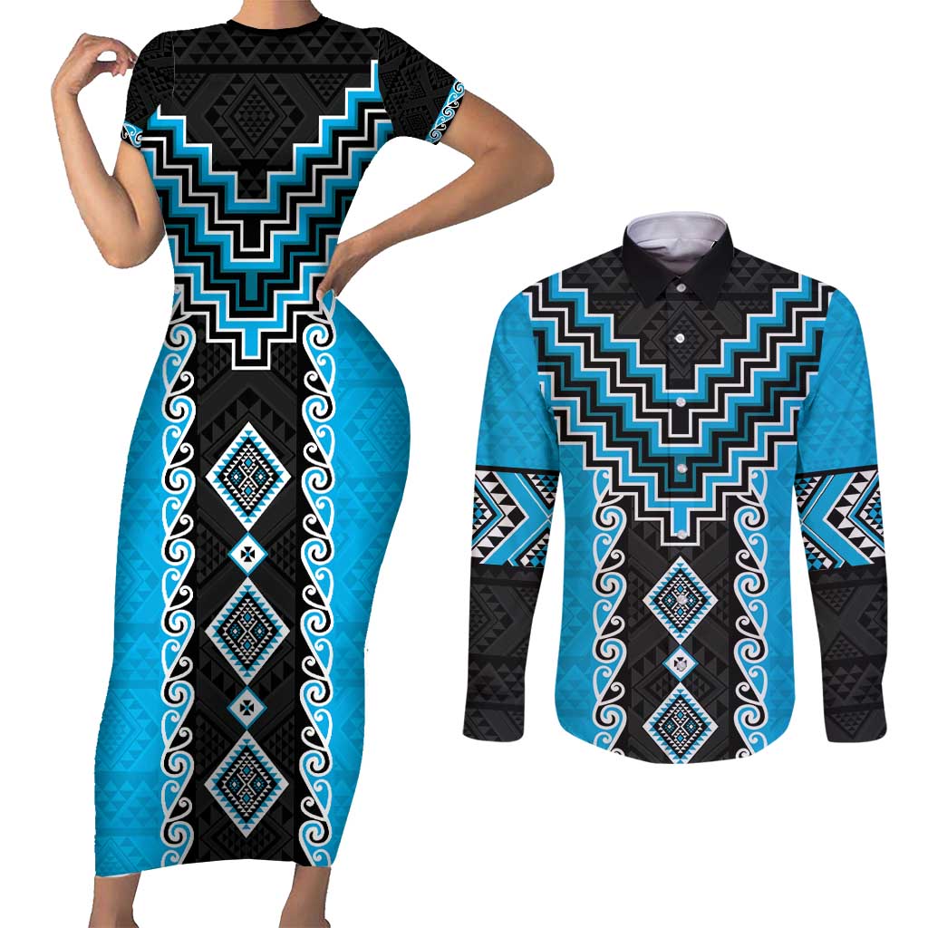 Sky Blue Niho Taniwha Mix Poutama Couples Matching Short Sleeve Bodycon Dress and Long Sleeve Button Shirt Unique Taniko Aotearoa LT01 Sky Blue - Polynesian Pride