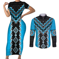 Sky Blue Niho Taniwha Mix Poutama Couples Matching Short Sleeve Bodycon Dress and Long Sleeve Button Shirt Unique Taniko Aotearoa LT01 Sky Blue - Polynesian Pride