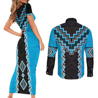 Sky Blue Niho Taniwha Mix Poutama Couples Matching Short Sleeve Bodycon Dress and Long Sleeve Button Shirt Unique Taniko Aotearoa LT01 - Polynesian Pride