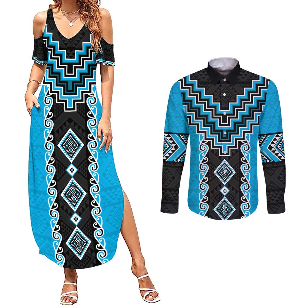 Sky Blue Niho Taniwha Mix Poutama Couples Matching Summer Maxi Dress and Long Sleeve Button Shirt Unique Taniko Aotearoa LT01 Sky Blue - Polynesian Pride