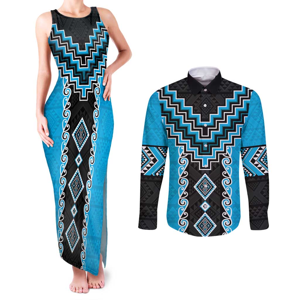 Sky Blue Niho Taniwha Mix Poutama Couples Matching Tank Maxi Dress and Long Sleeve Button Shirt Unique Taniko Aotearoa LT01 Sky Blue - Polynesian Pride