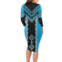Sky Blue Niho Taniwha Mix Poutama Family Matching Long Sleeve Bodycon Dress and Hawaiian Shirt Unique Taniko Aotearoa LT01 - Polynesian Pride