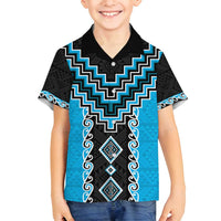Sky Blue Niho Taniwha Mix Poutama Family Matching Long Sleeve Bodycon Dress and Hawaiian Shirt Unique Taniko Aotearoa LT01 Son's Shirt Sky Blue - Polynesian Pride