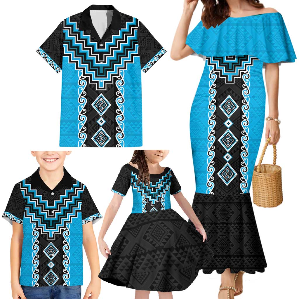 Sky Blue Niho Taniwha Mix Poutama Family Matching Mermaid Dress and Hawaiian Shirt Unique Taniko Aotearoa LT01 - Polynesian Pride