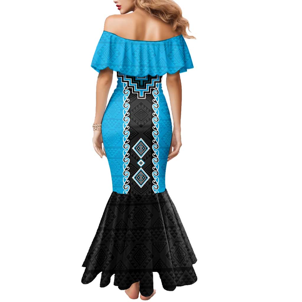 Sky Blue Niho Taniwha Mix Poutama Family Matching Mermaid Dress and Hawaiian Shirt Unique Taniko Aotearoa LT01 - Polynesian Pride