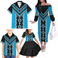 Sky Blue Niho Taniwha Mix Poutama Family Matching Off The Shoulder Long Sleeve Dress and Hawaiian Shirt Unique Taniko Aotearoa LT01 - Polynesian Pride