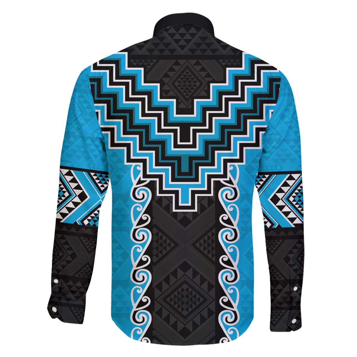 Sky Blue Niho Taniwha Mix Poutama Family Matching Off The Shoulder Long Sleeve Dress and Hawaiian Shirt Unique Taniko Aotearoa LT01 - Polynesian Pride