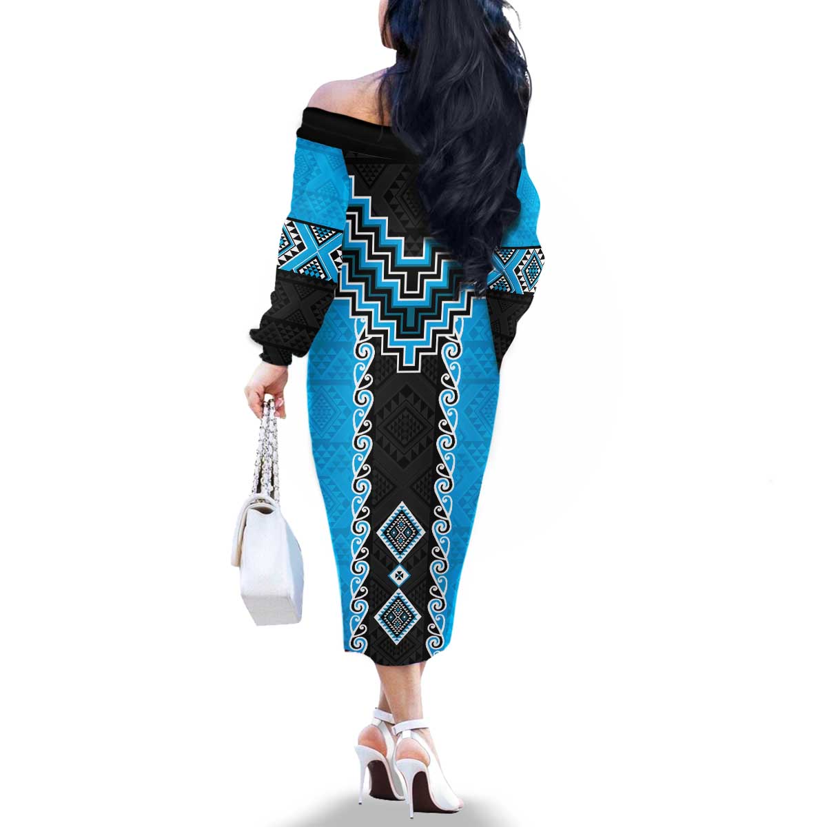 Sky Blue Niho Taniwha Mix Poutama Family Matching Off The Shoulder Long Sleeve Dress and Hawaiian Shirt Unique Taniko Aotearoa LT01 - Polynesian Pride