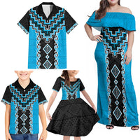 Sky Blue Niho Taniwha Mix Poutama Family Matching Off Shoulder Maxi Dress and Hawaiian Shirt Unique Taniko Aotearoa LT01 - Polynesian Pride