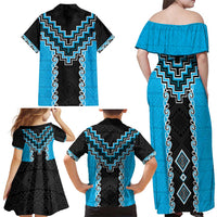 Sky Blue Niho Taniwha Mix Poutama Family Matching Off Shoulder Maxi Dress and Hawaiian Shirt Unique Taniko Aotearoa LT01 - Polynesian Pride