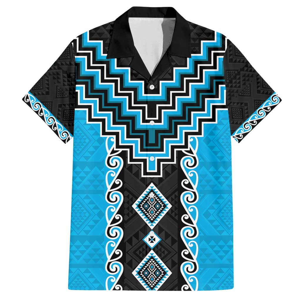 Sky Blue Niho Taniwha Mix Poutama Family Matching Off Shoulder Maxi Dress and Hawaiian Shirt Unique Taniko Aotearoa LT01 Dad's Shirt - Short Sleeve Sky Blue - Polynesian Pride