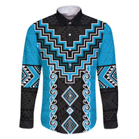 Sky Blue Niho Taniwha Mix Poutama Family Matching Off Shoulder Maxi Dress and Hawaiian Shirt Unique Taniko Aotearoa LT01 Dad's Shirt - Long Sleeve Sky Blue - Polynesian Pride