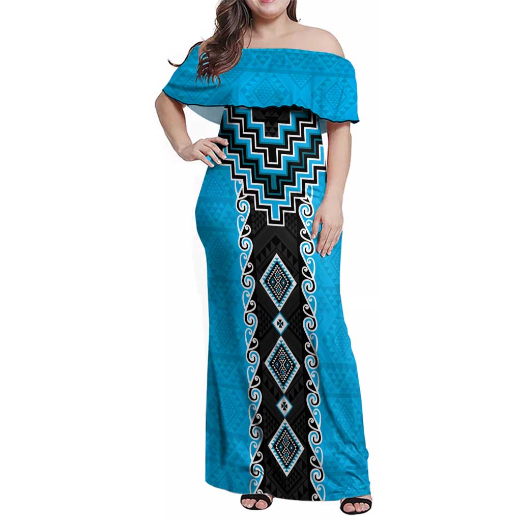 Sky Blue Niho Taniwha Mix Poutama Family Matching Off Shoulder Maxi Dress and Hawaiian Shirt Unique Taniko Aotearoa LT01 Mom's Dress Sky Blue - Polynesian Pride