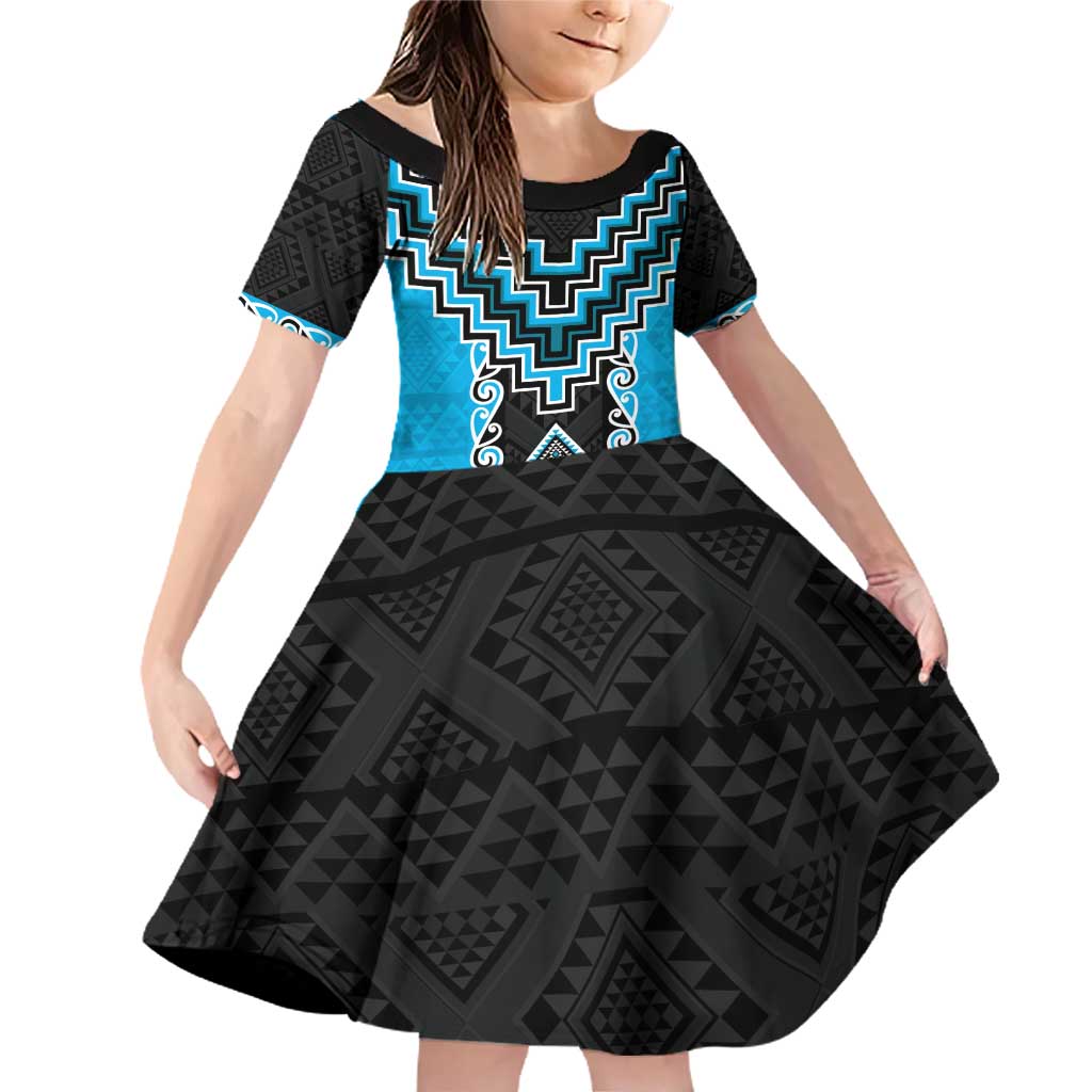 Sky Blue Niho Taniwha Mix Poutama Family Matching Off Shoulder Short Dress and Hawaiian Shirt Unique Taniko Aotearoa LT01 Daughter's Dress Sky Blue - Polynesian Pride
