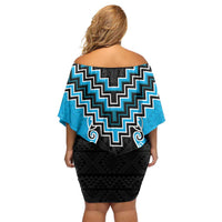 Sky Blue Niho Taniwha Mix Poutama Family Matching Off Shoulder Short Dress and Hawaiian Shirt Unique Taniko Aotearoa LT01 - Polynesian Pride