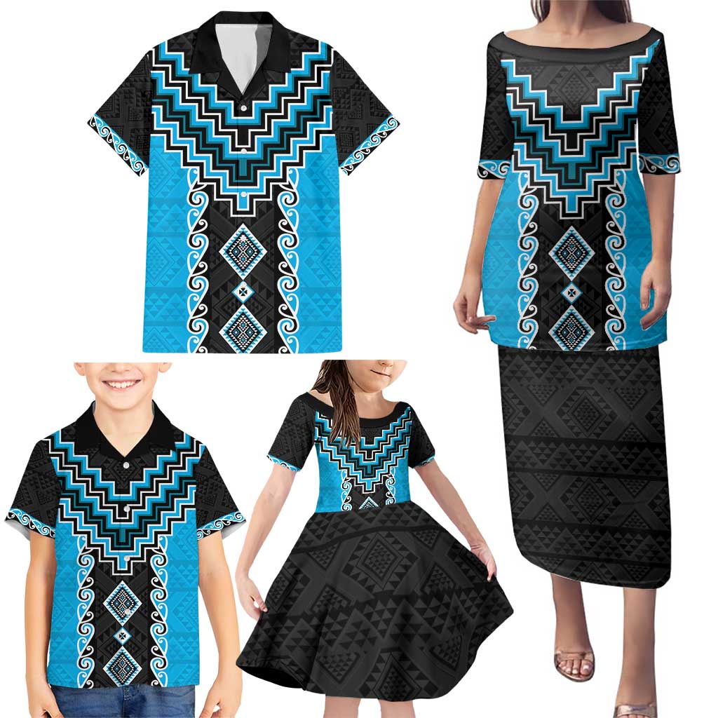 Sky Blue Niho Taniwha Mix Poutama Family Matching Puletasi and Hawaiian Shirt Unique Taniko Aotearoa LT01 - Polynesian Pride