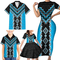 Sky Blue Niho Taniwha Mix Poutama Family Matching Short Sleeve Bodycon Dress and Hawaiian Shirt Unique Taniko Aotearoa LT01 - Polynesian Pride