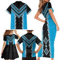 Sky Blue Niho Taniwha Mix Poutama Family Matching Short Sleeve Bodycon Dress and Hawaiian Shirt Unique Taniko Aotearoa LT01 - Polynesian Pride