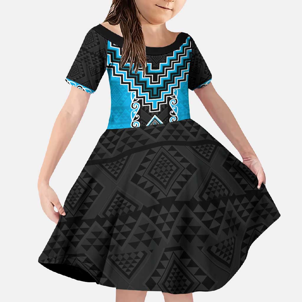 Sky Blue Niho Taniwha Mix Poutama Family Matching Summer Maxi Dress and Hawaiian Shirt Unique Taniko Aotearoa LT01 Daughter's Dress Sky Blue - Polynesian Pride