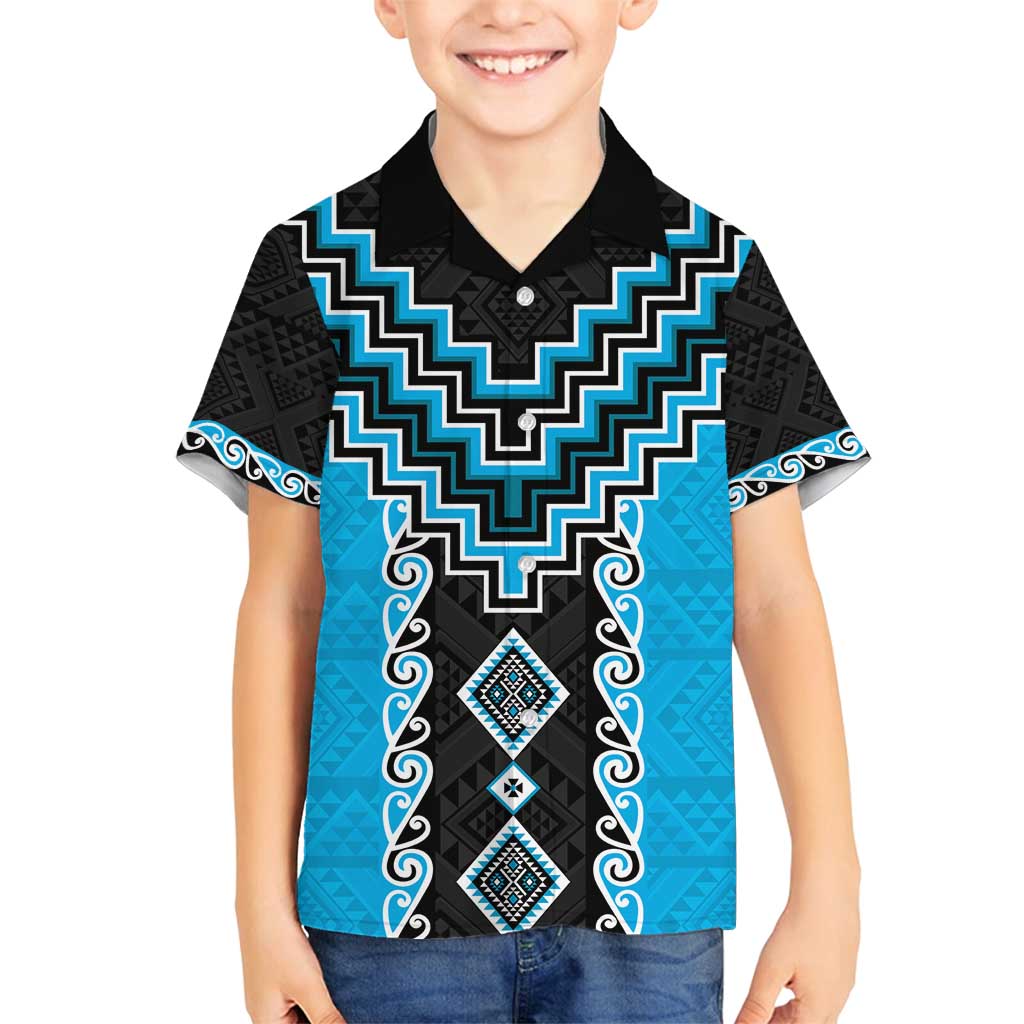 Sky Blue Niho Taniwha Mix Poutama Family Matching Summer Maxi Dress and Hawaiian Shirt Unique Taniko Aotearoa LT01 Son's Shirt Sky Blue - Polynesian Pride