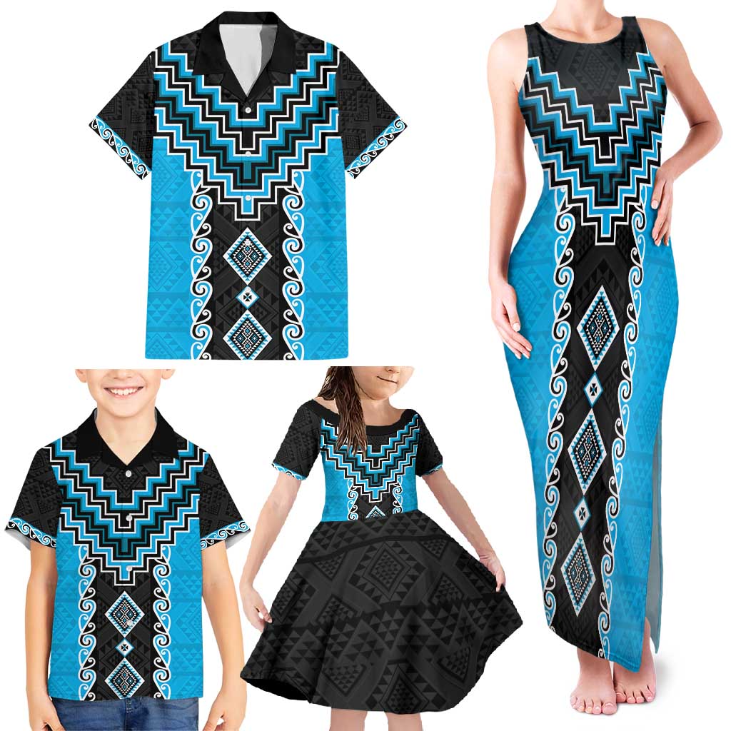Sky Blue Niho Taniwha Mix Poutama Family Matching Tank Maxi Dress and Hawaiian Shirt Unique Taniko Aotearoa LT01 - Polynesian Pride