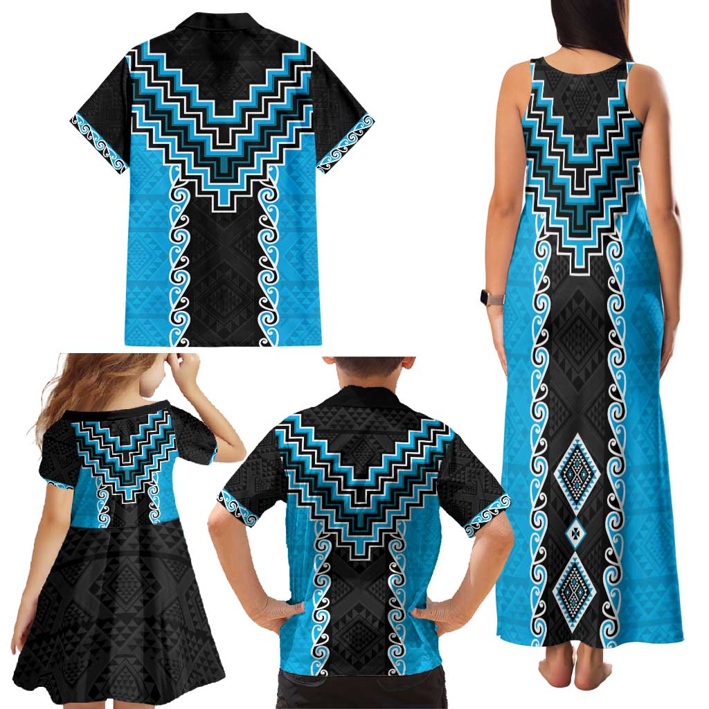 Sky Blue Niho Taniwha Mix Poutama Family Matching Tank Maxi Dress and Hawaiian Shirt Unique Taniko Aotearoa LT01 - Polynesian Pride