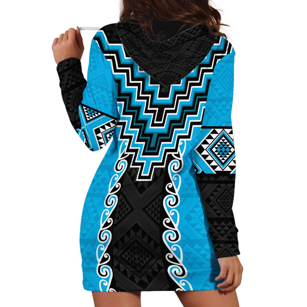 Sky Blue Niho Taniwha Mix Poutama Hoodie Dress Unique Taniko Aotearoa