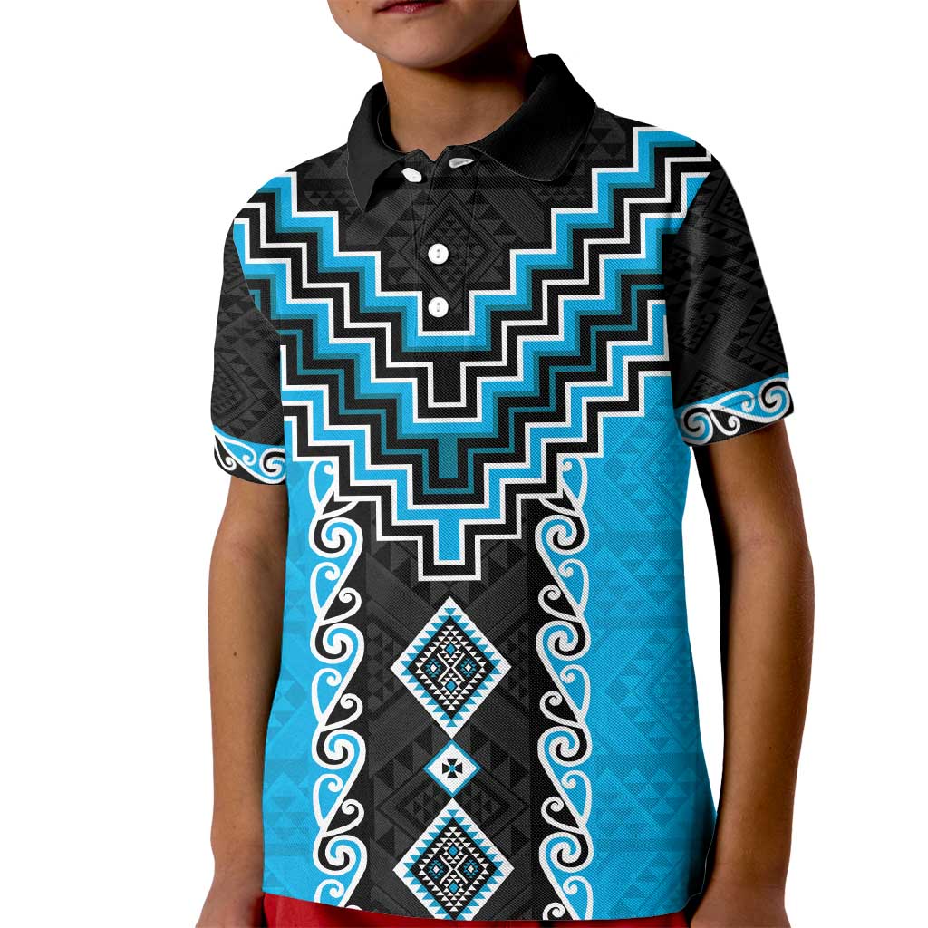 Sky Blue Niho Taniwha Mix Poutama Kid Polo Shirt Unique Taniko Aotearoa LT01 Kid Sky Blue - Polynesian Pride