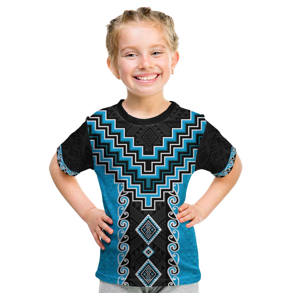 Sky Blue Niho Taniwha Mix Poutama Kid T Shirt Unique Taniko Aotearoa