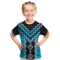Sky Blue Niho Taniwha Mix Poutama Kid T Shirt Unique Taniko Aotearoa