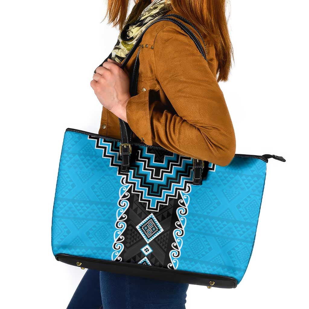 Sky Blue Niho Taniwha Mix Poutama Leather Tote Bag Unique Taniko Aotearoa LT01 Sky Blue - Polynesian Pride