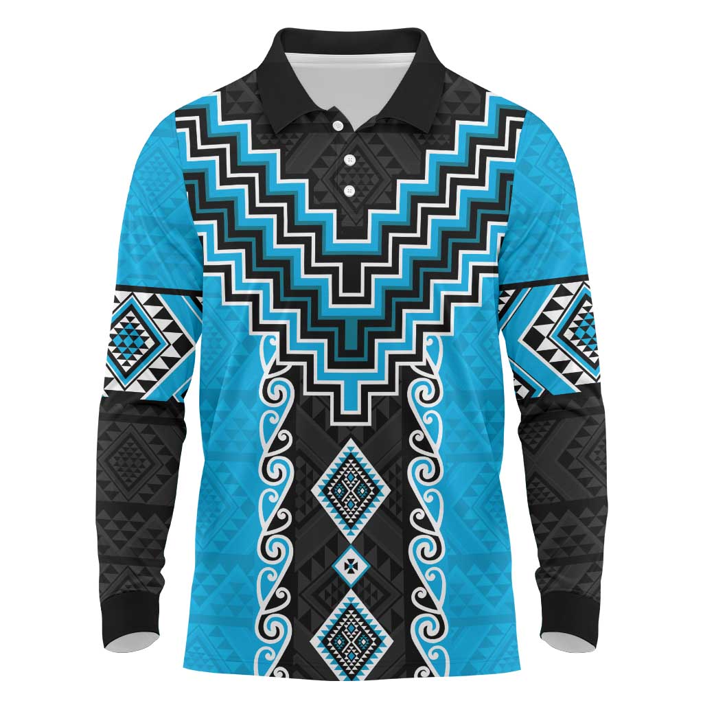 Sky Blue Niho Taniwha Mix Poutama Long Sleeve Polo Shirt Unique Taniko Aotearoa LT01 Sky Blue - Polynesian Pride